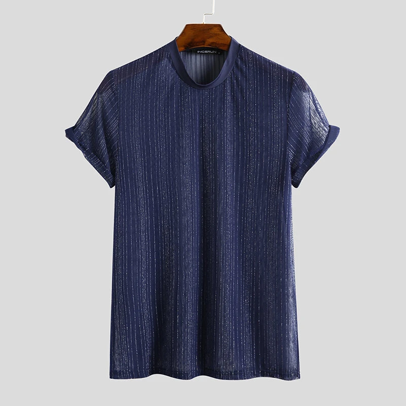 (image for) Men Mesh See-Through T-Shirt Training Fitness Sport Casual Short Sleeve Slim Fit Thin Tee Tops